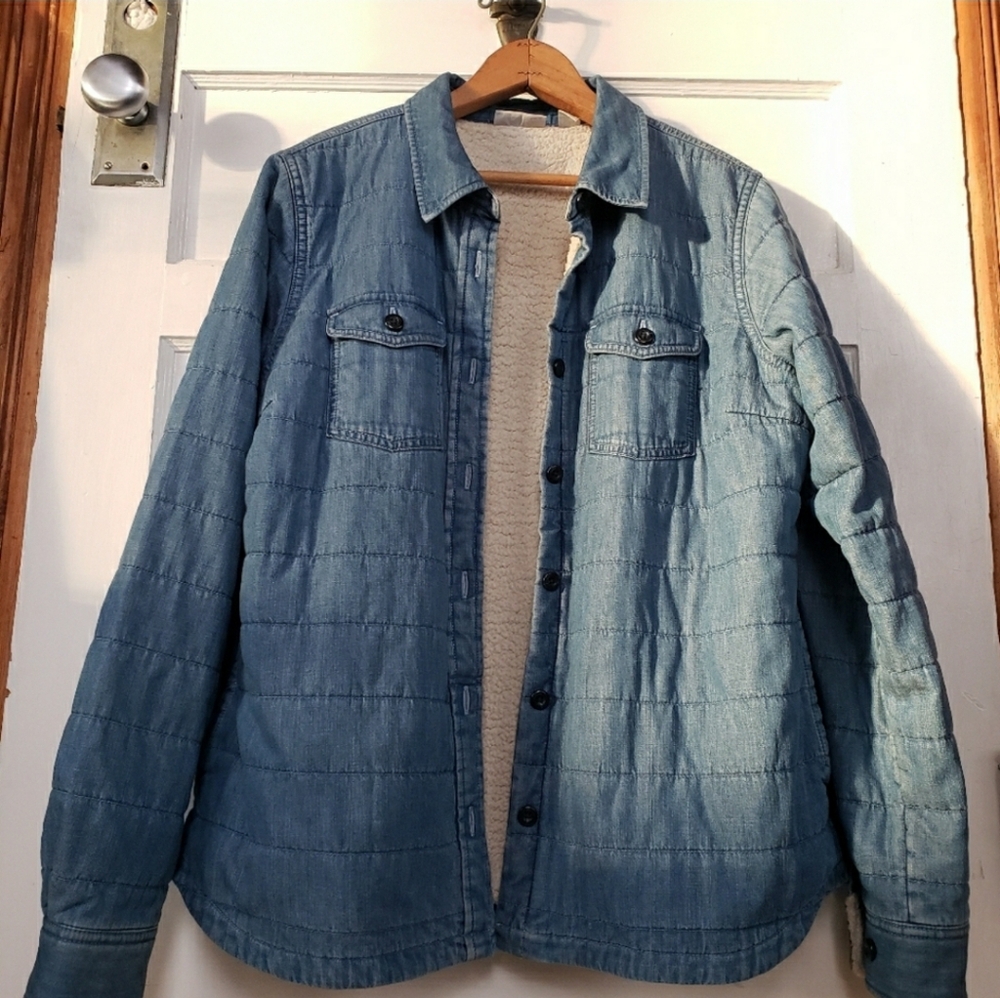 *NWT*L.L.Bean Quilted Denim Chambray Sherpa Shacket Coat Shirt Buttons Lined S-M